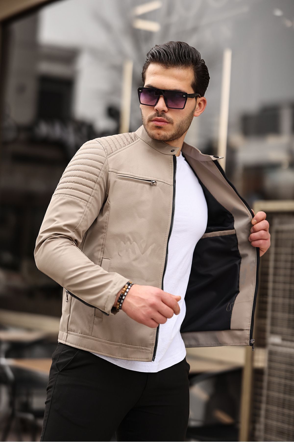 Men's Cream Water and Windproof Slim Fit Lined Seasonal Coat