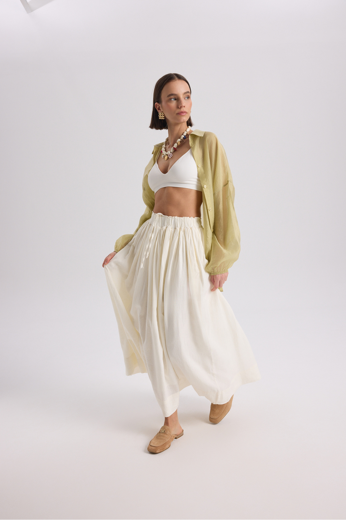 BOHEMAİ  Gabbiano Bağcıklı Pileli Ekru Keten Etek - Görsel 2