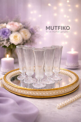 Mutfiko Lüks Kristal Çizgili Cam Ayaklı Kahve Yanı Bardağı Seti - 130 ml - 6’...