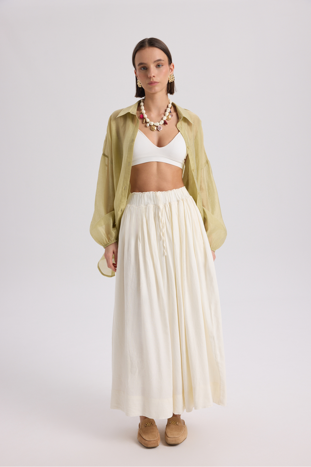 BOHEMAİ  Gabbiano Bağcıklı Pileli Ekru Keten Etek - Görsel 3