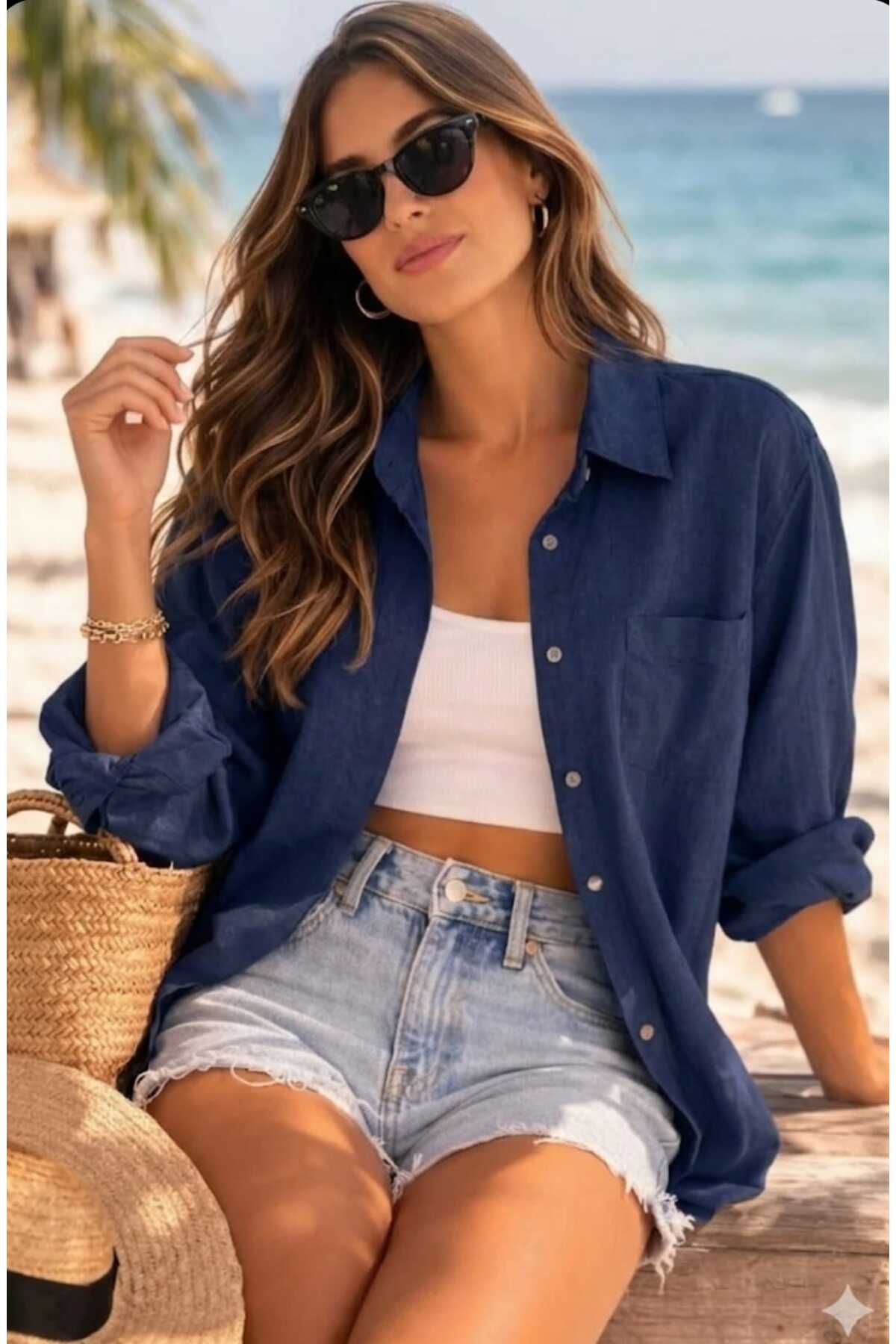blackbonds Women's Oversized Navy Blue Cotton Pack Comfortable Linen Shirts - Summer Collection