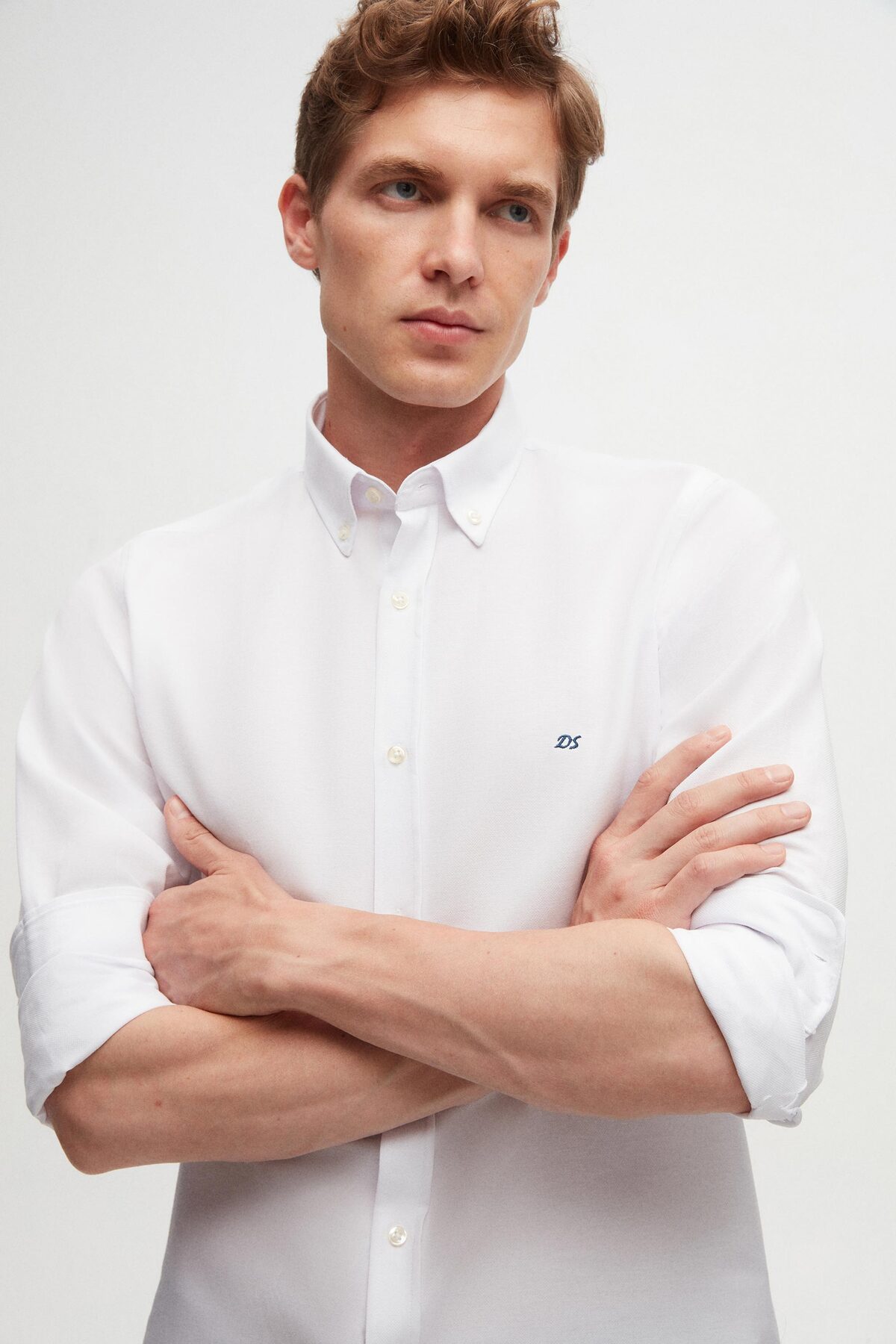 D'S Damat  Ds Damat Slim Fit Beyaz Oxford Düğmeli Yaka Kolay Ütülenebilir Nakış Detaylı Pamuklu Gömlek - Görsel 6