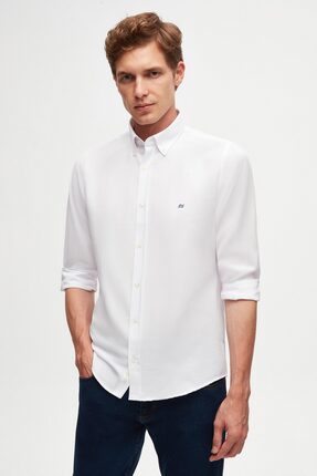 D'S Damat Ds Damat Slim Fit Beyaz Oxford Düğmeli Yaka Kolay Ütülenebilir Nakı...