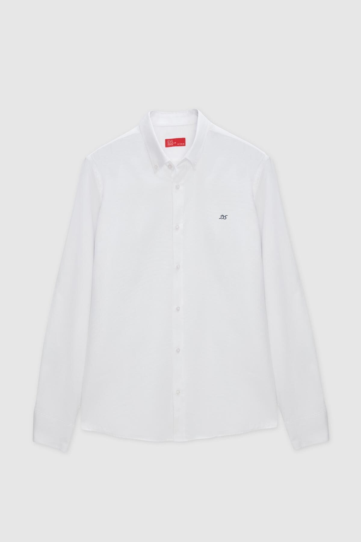 D'S Damat  Ds Damat Slim Fit Beyaz Oxford Düğmeli Yaka Kolay Ütülenebilir Nakış Detaylı Pamuklu Gömlek - Görsel 4