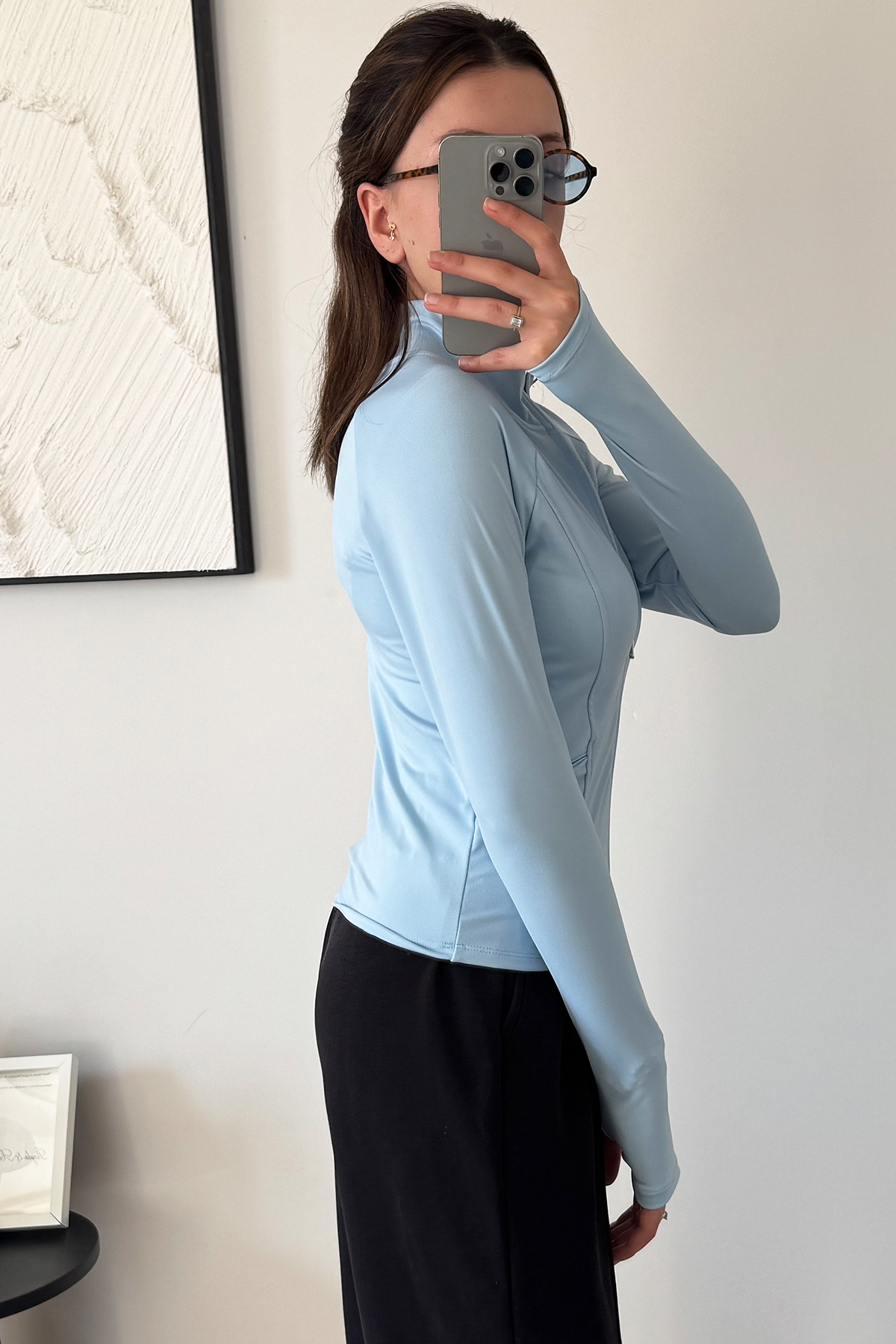 İlayda Toprak Rover Kadın Uzun Kollu Fermuarlı Parmak Detaylı Cepli Bebe Mavi Fit Spor Bluz görsel 6