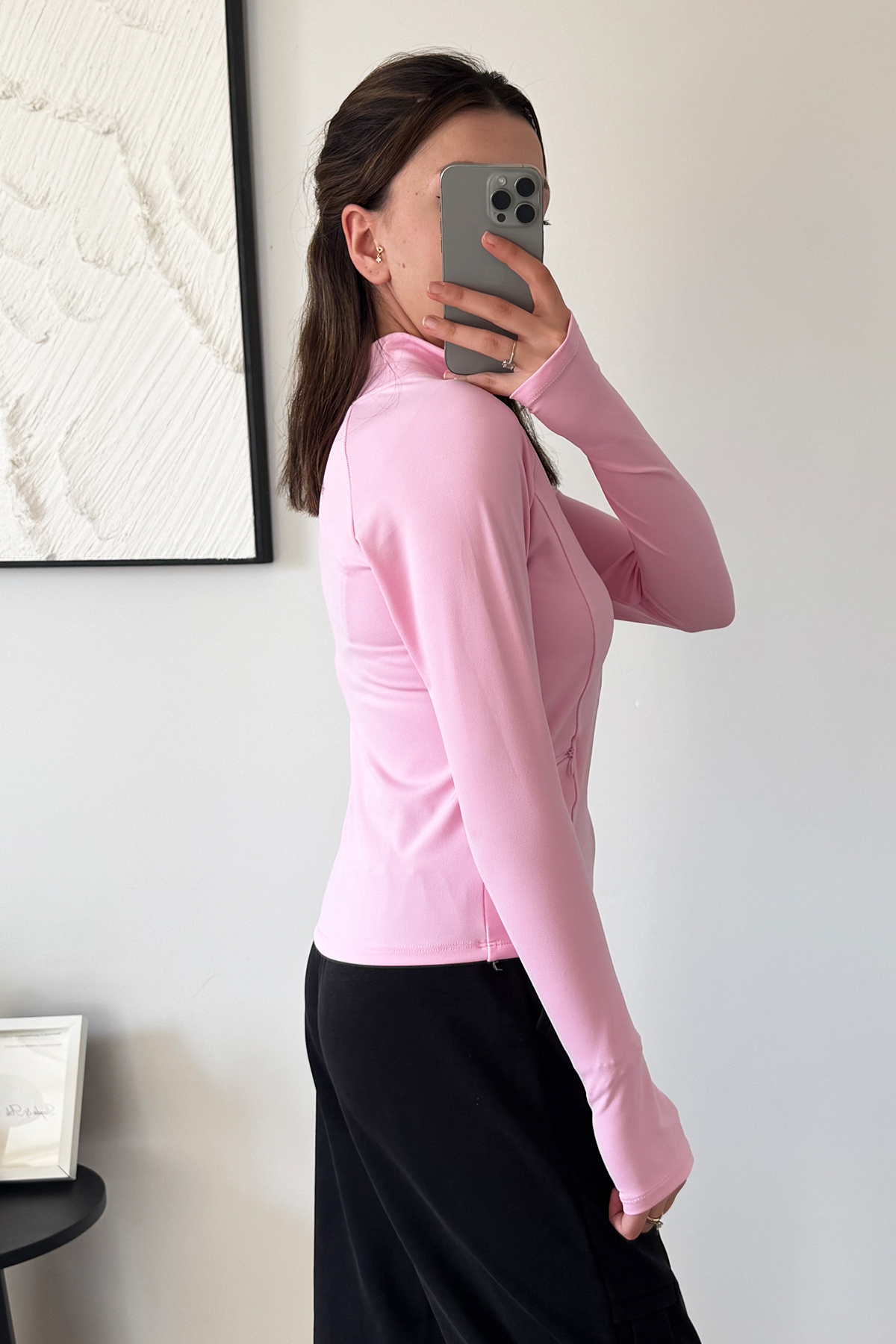 İlayda Toprak Rover Kadın Uzun Kollu Fermuarlı Cepli Parmak Geçirmeli Pembe Fit Spor Bluz görsel 6