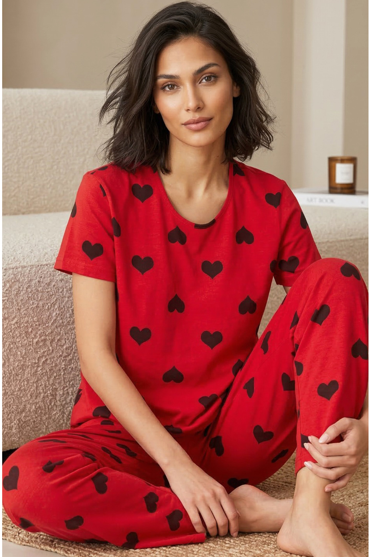 Siyah İnci  kırmızı siyah kalp baskılı bisiklet yaka Örme Pijama Takım