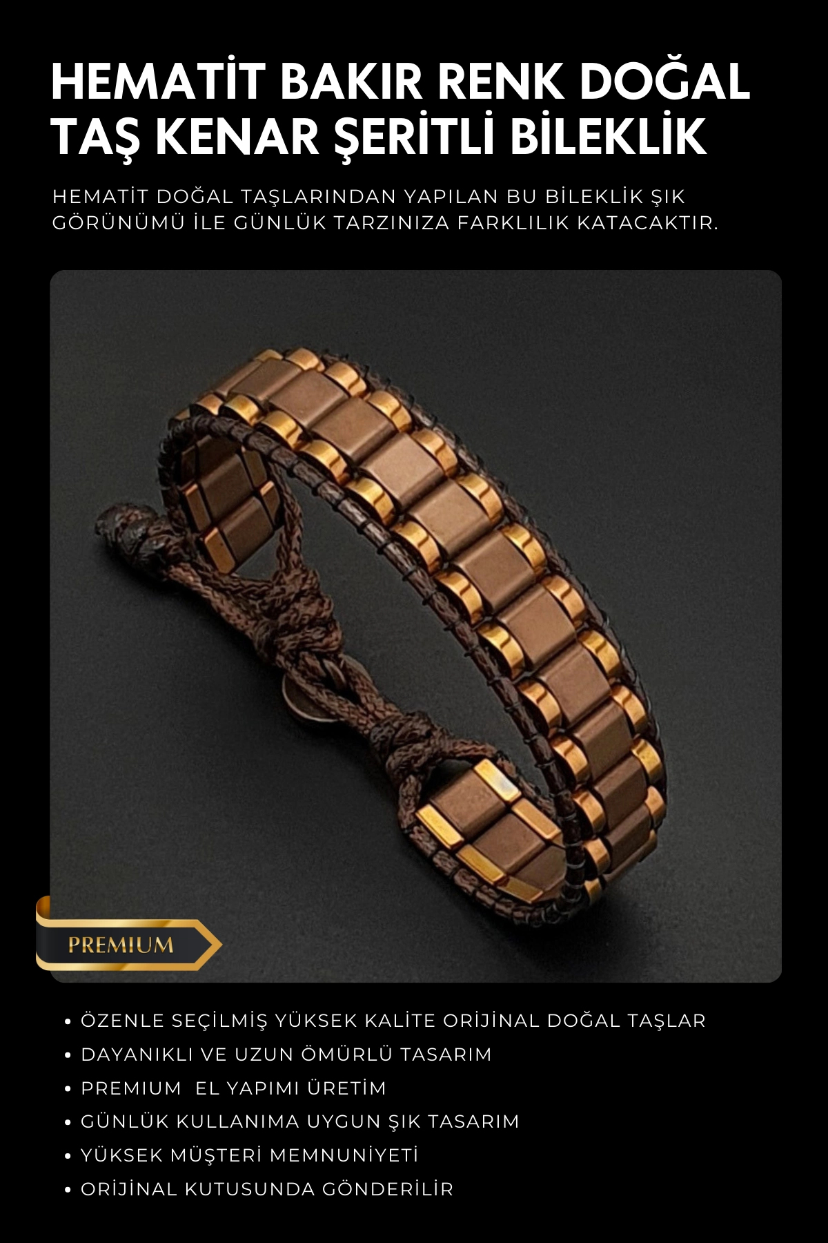 Hematite Stone Brown Copper Color Edge Striped Bracelet