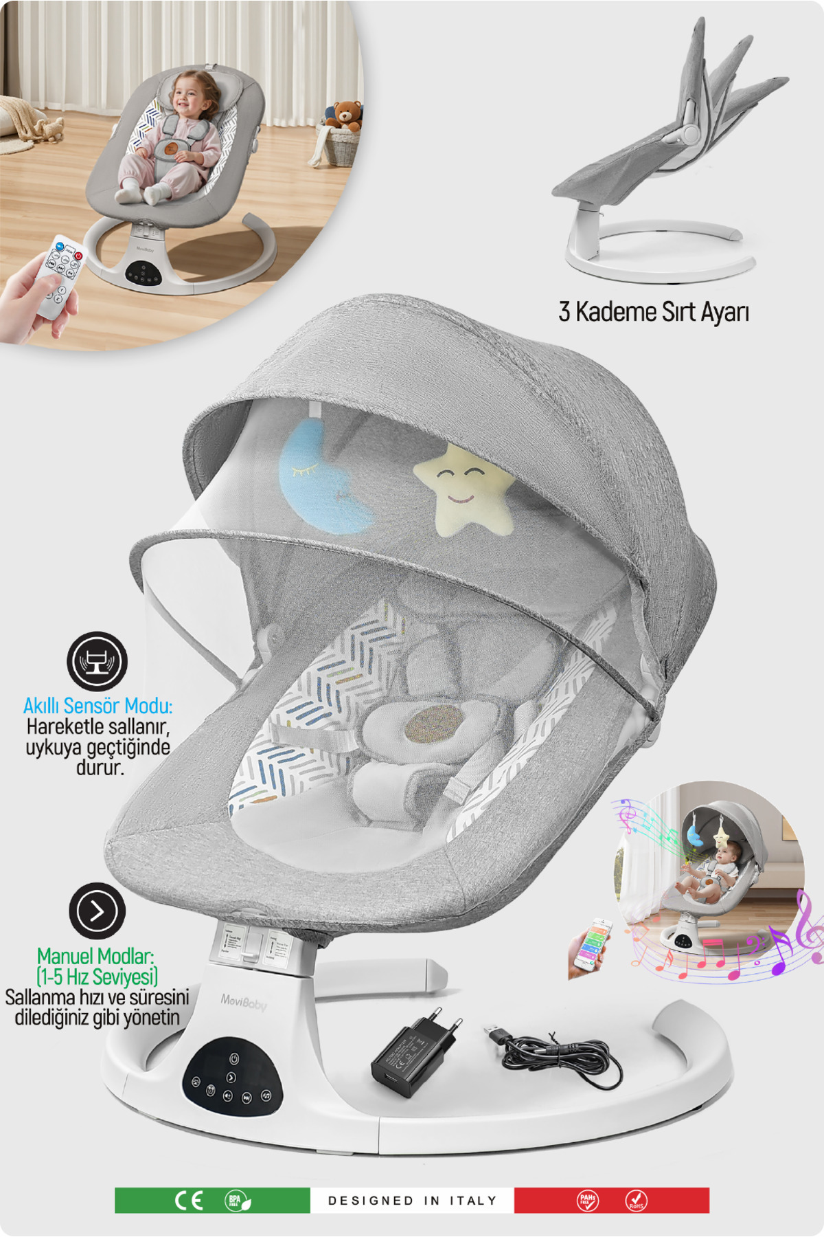 Livenzi Movibaby Hareket Sensörlü Otomatik Ana Kucağı-Grey