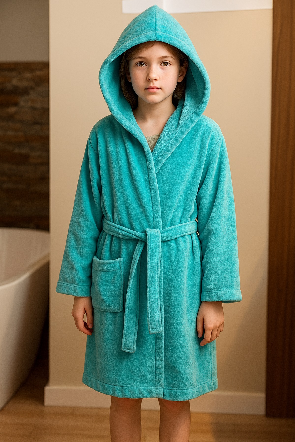 Elif Mira Genç Kız / Erkek Çocuk Kapşonlu Garson Boy Kadife Bornoz %100 Pamuklu fotoğrafı 3 (önizleme)