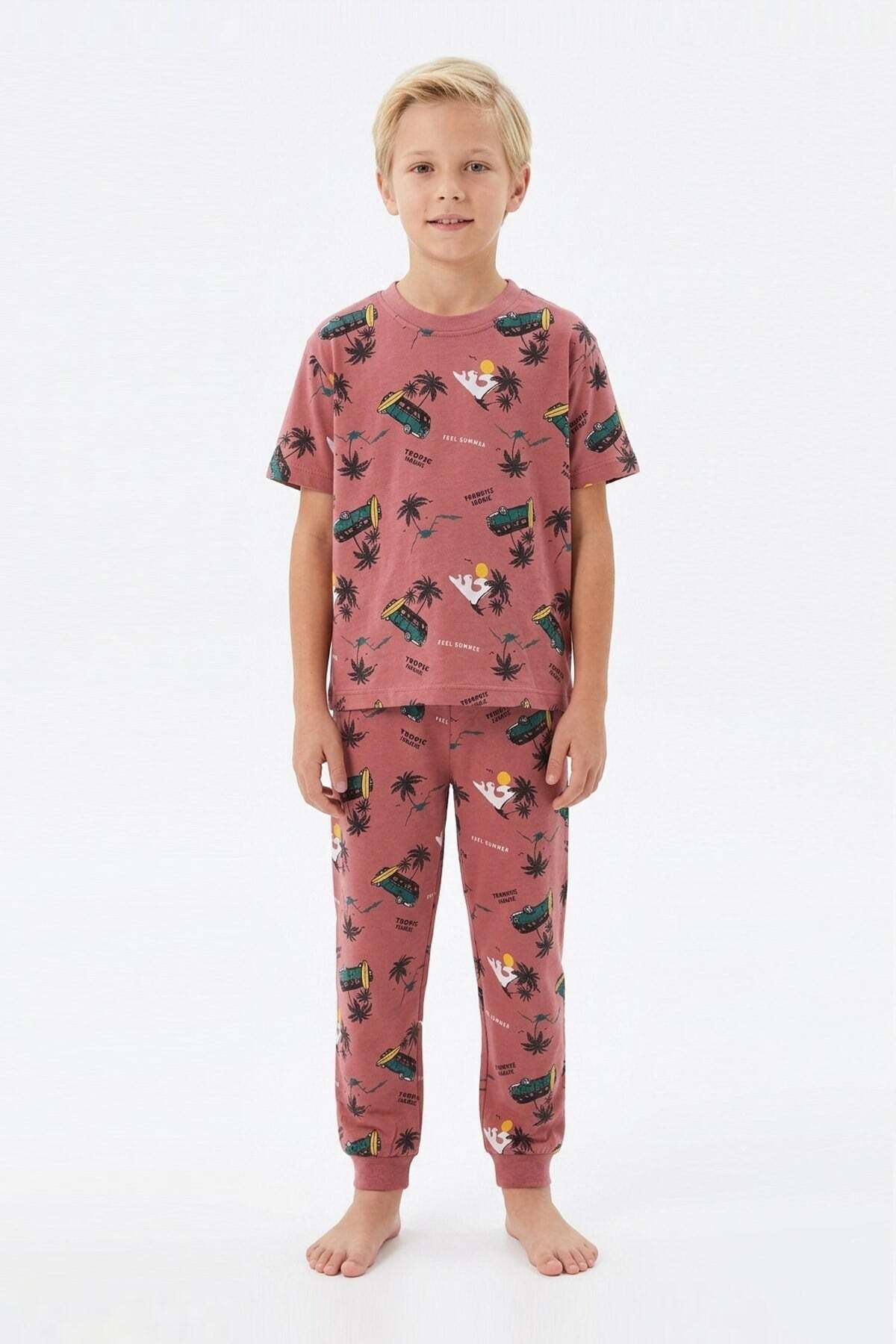 bunny hopp Erkek Çocuk %100 Pamuk Yazlık Sörf ve Karavan Desenli Pijama Takımı - Kısa Kollu Manşetli Kiremit fotoğrafı 2 (önizleme)