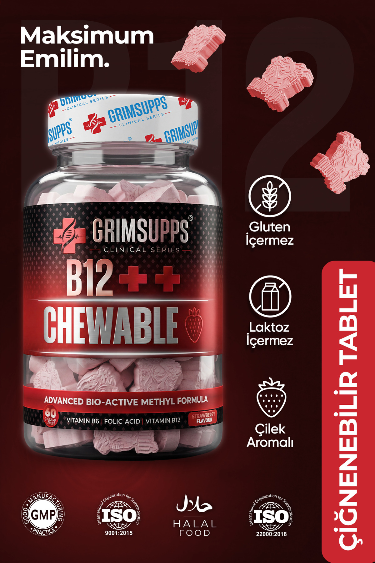 Grimsupps B12 Vitamin 1000 Mcg Chewable 60 Tablets – Strawberry Flavored with...