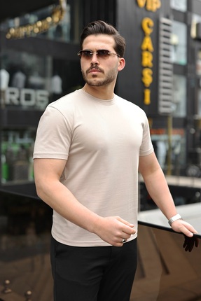 NERA GİYİM Oversize Bisiklet Yaka Tişört Yumuşak Nefes Alabilen Kumaş-Bej