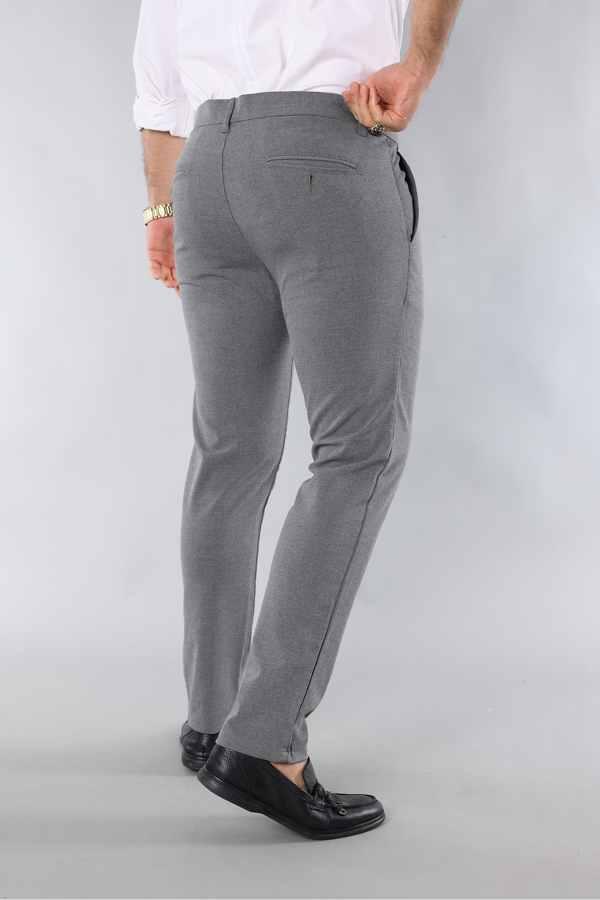 MY VİNTAGE  Erkek Slim Fit Likralı Bilek Boy Italyan Kesim Gri Kumaş Pantolon - Görsel 5