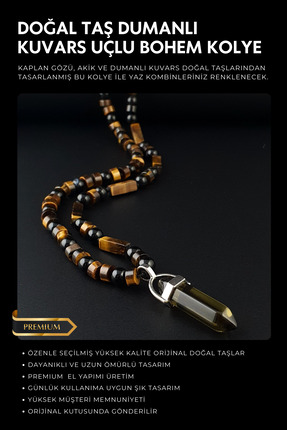Seven Art Jewelry Doğal Taş Kolye, Kaplan Gözü, Akik, Dumanlı Kuvars Kolye, E...