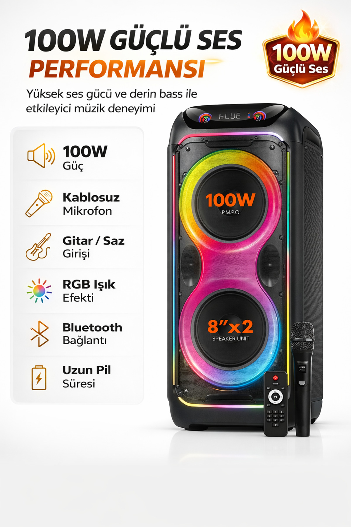 Cio 100W Speaker Guitar Double Microphone Karaoke Party Sound System with Reed Input 80cm Digital Screen Bass