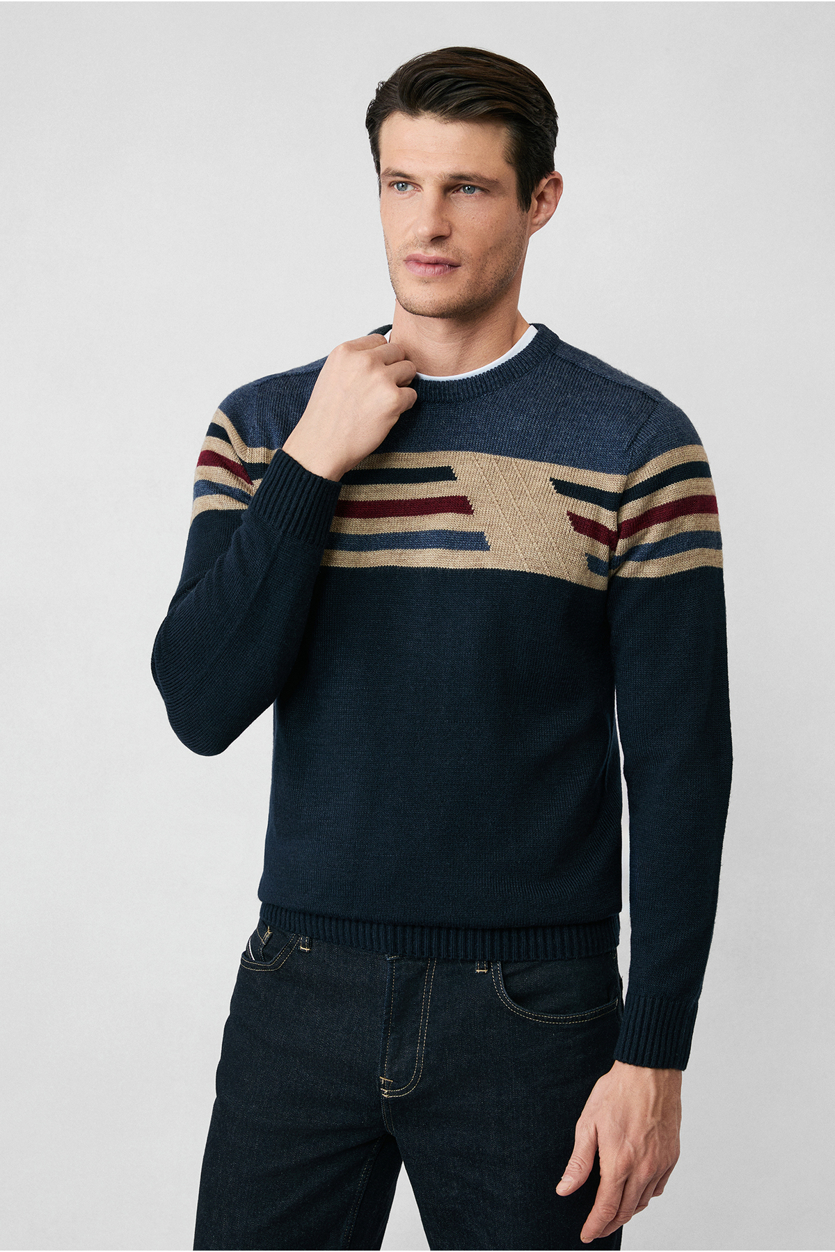 Kiğılı  Bisiklet Yaka Slim Fit Dar Kesim Dikişsiz Desenli Triko Kazak - Görsel 3