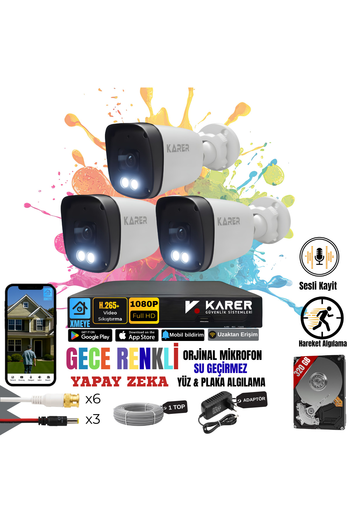 EXİTCAM 3 Kameralı Full HD Sesli AHD Güvenlik Seti – 4 Kanal DVR, 320 GB HDD, Renkli Gece Görüşü, Yü