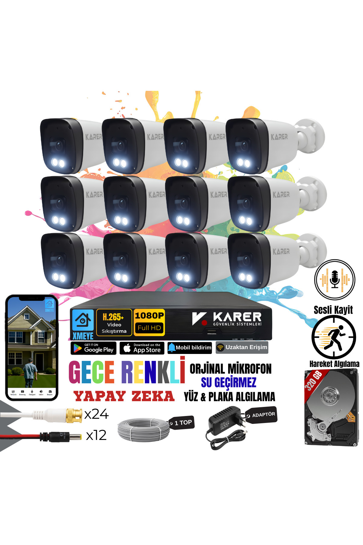 EXİTCAM 12 Kameralı Full HD Sesli AHD Güvenlik Seti – 16 Kanal DVR, 320 GB HDD, Renkli Gece Görüşü,