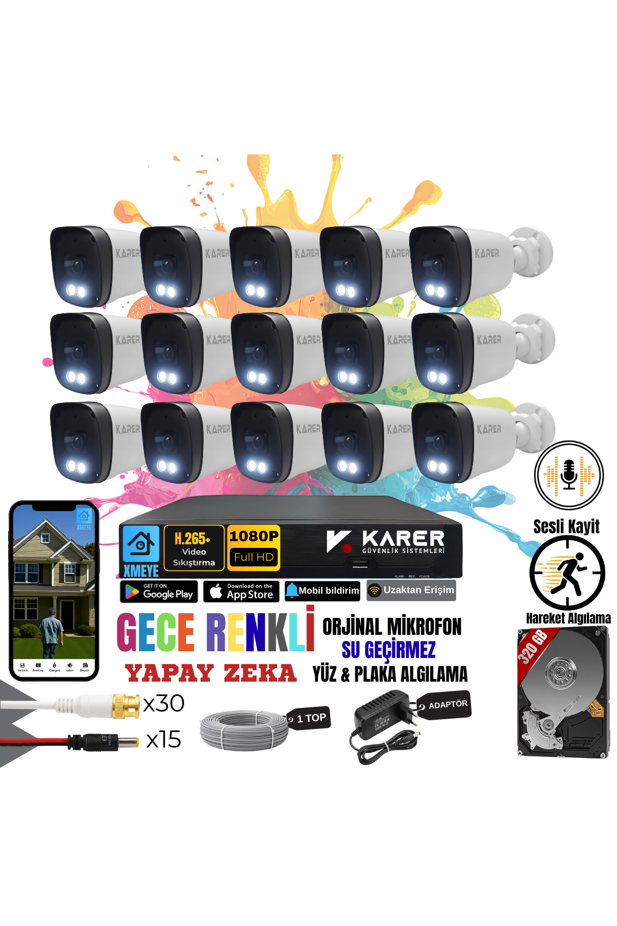 EXİTCAM 15 Kameralı Full HD Sesli AHD Güvenlik Seti – 16 Kanal DVR, 320 GB HDD, Renkli Gece Görüşü,