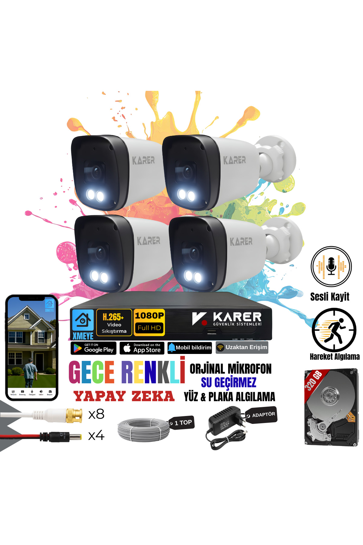 EXİTCAM 4 Kameralı Full HD Sesli AHD Güvenlik Seti – 4 Kanal DVR, 320 GB HDD, Renkli Gece Görüşü, Yü