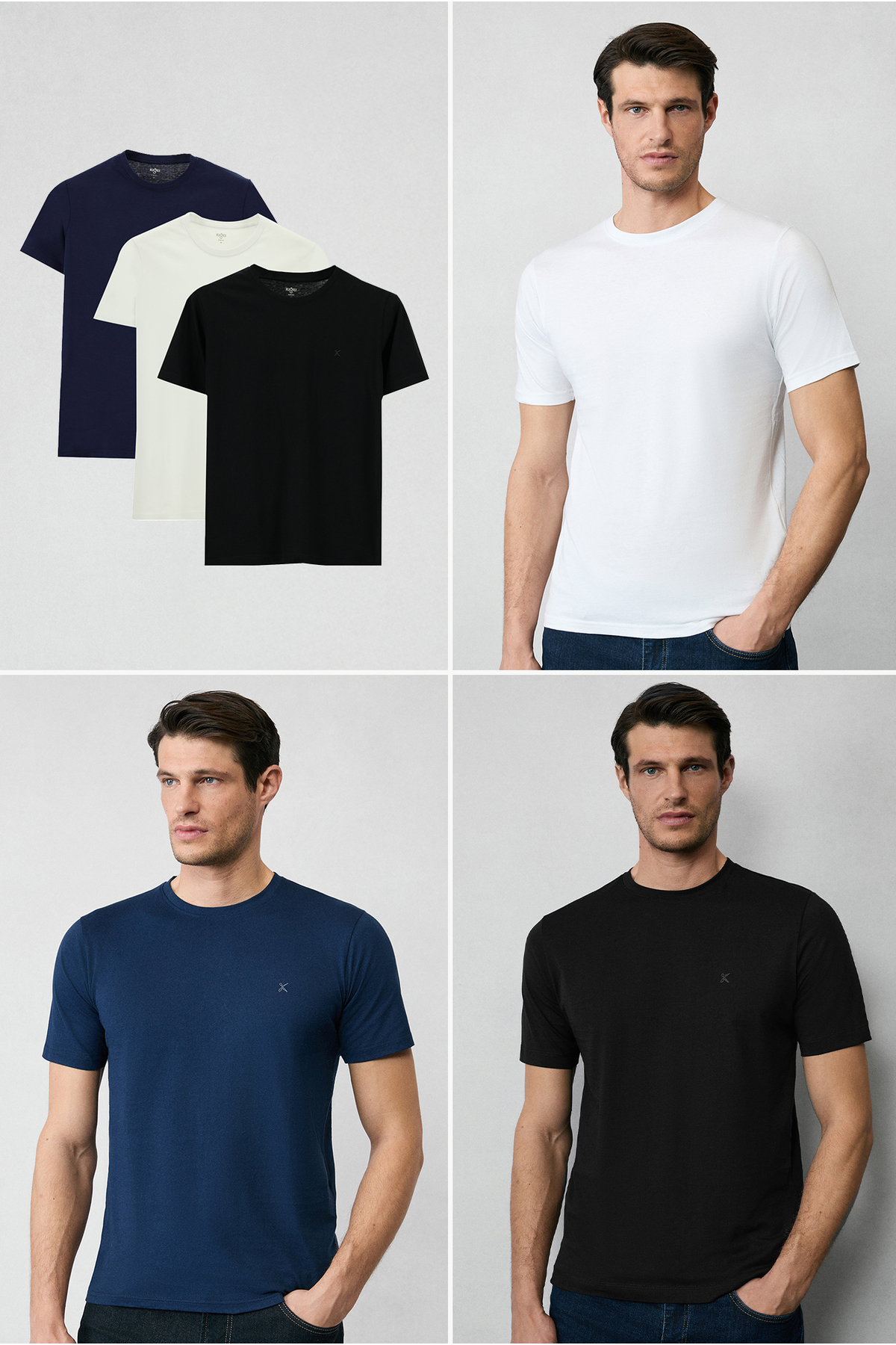 Kiğılı  Bisiklet Yaka Slim Fit Dar Kesim Pamuk 3'lü Paket Tişört Seti