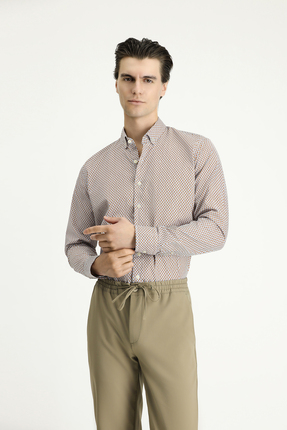 Kiğılı Uzun Kol Slim Fit Dar Kesim Baskılı Pamuk Düğmeli Yaka Gömlek