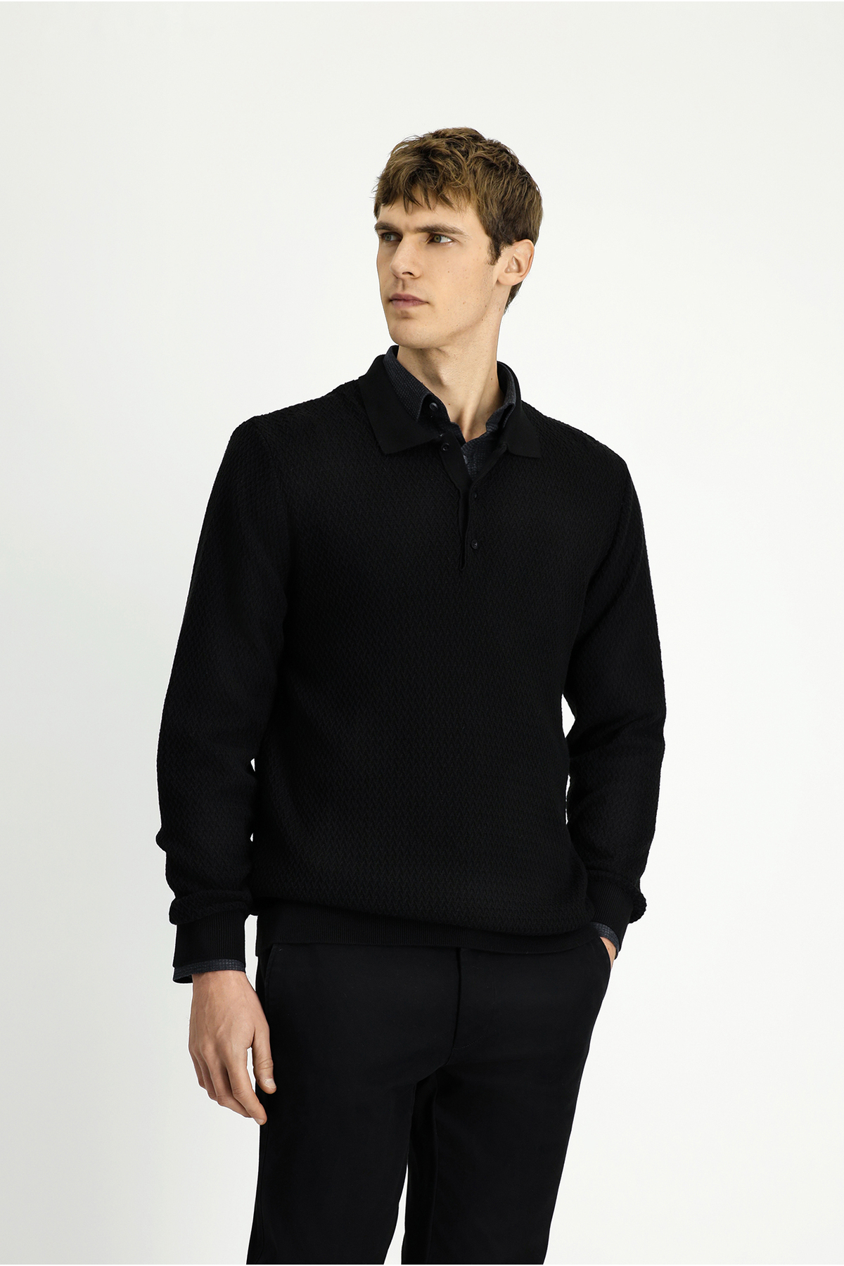 Kiğılı  Polo Yaka Regular Fit Desenli Pamuklu Triko Kazak - Görsel 4