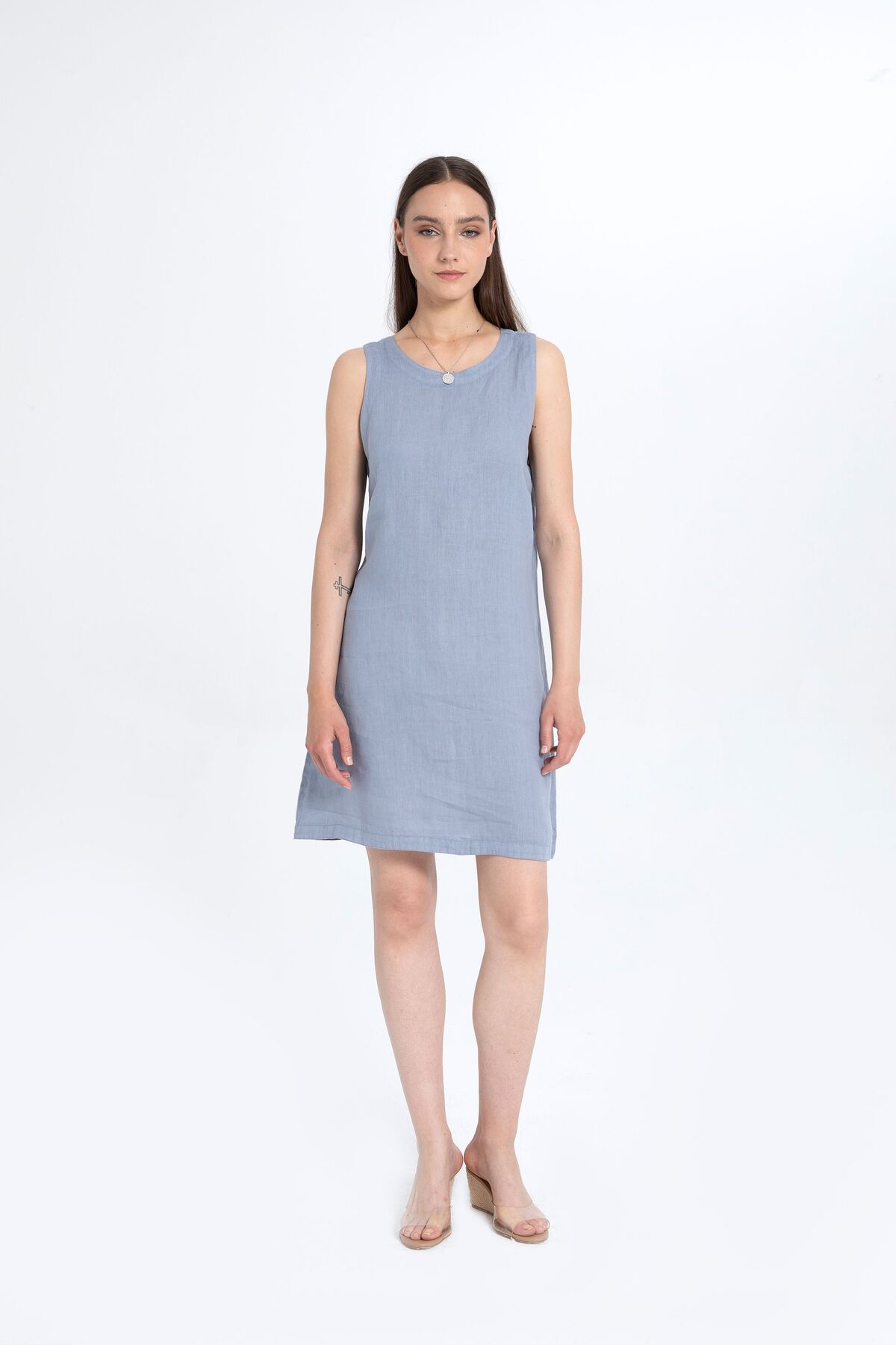 Linen Sleeveless Round Collar Dress Ice Blue