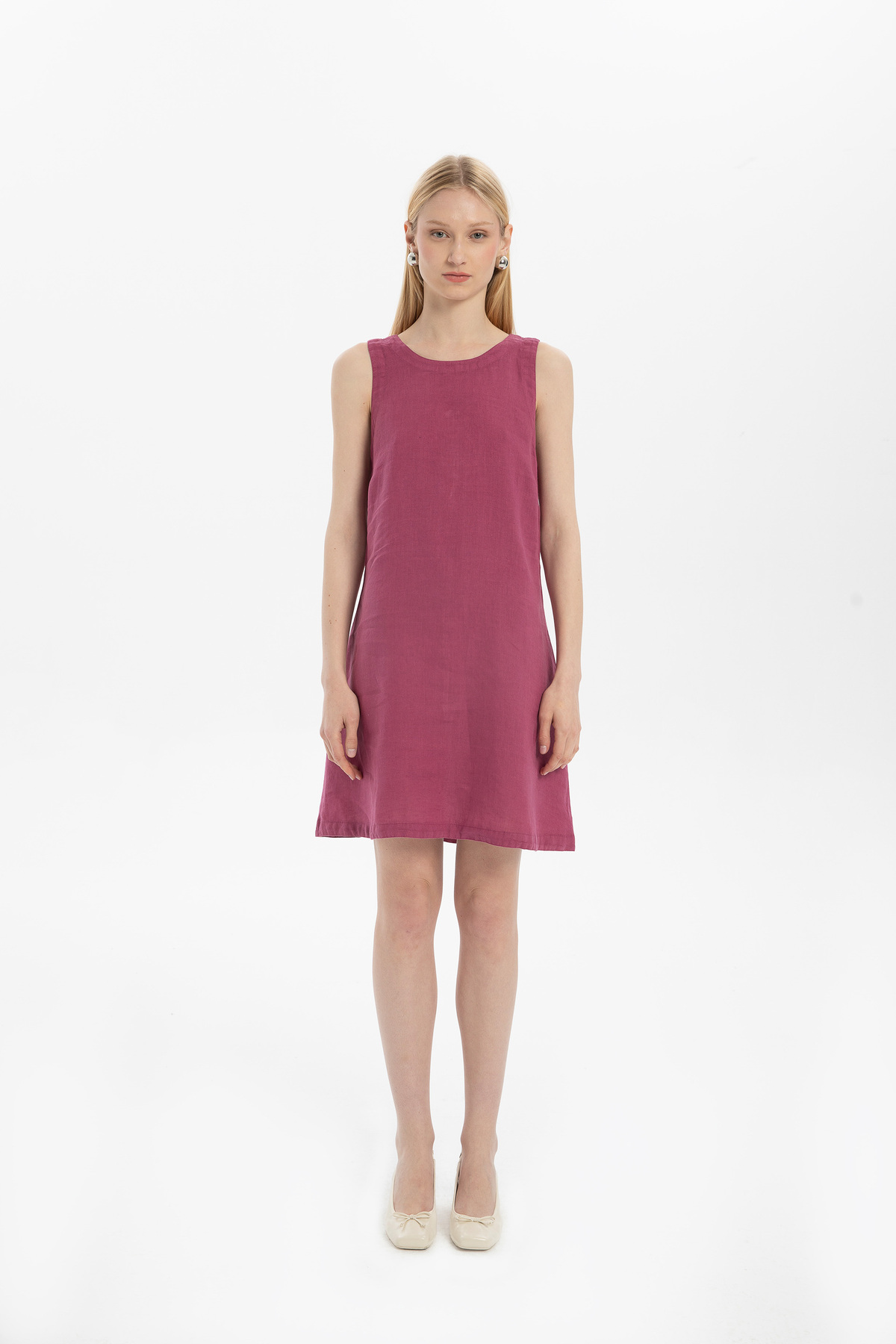 Linen Sleeveless Round Neck Dress Fuchsia