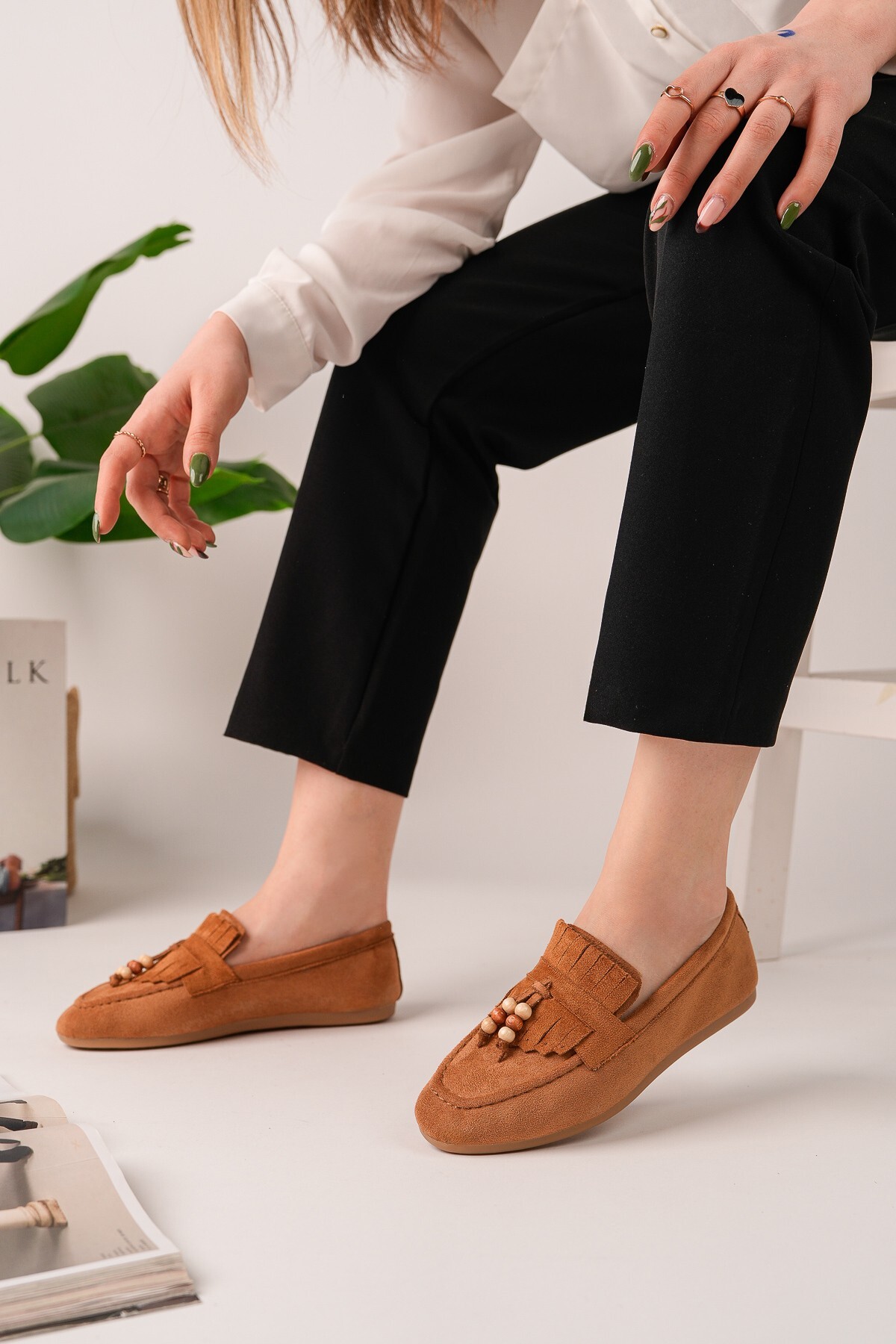 MUGGO FAWN Renkli Boncuk Detaylı Kadın Günlük Loafer Ayakkabı görsel 8
