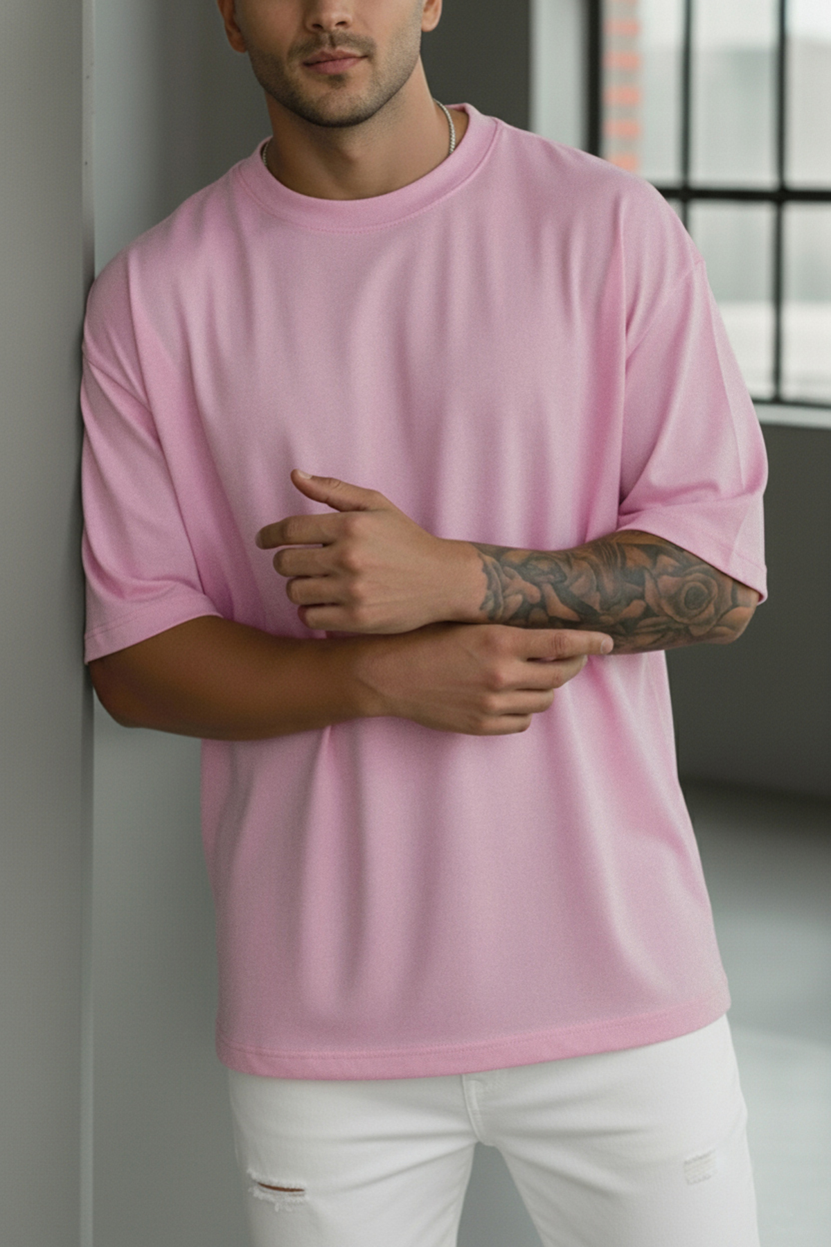 1 Pc Men's Pink Basic Plain Unprinted Oversize Salas Boyfriend Loose Fit T-shirt