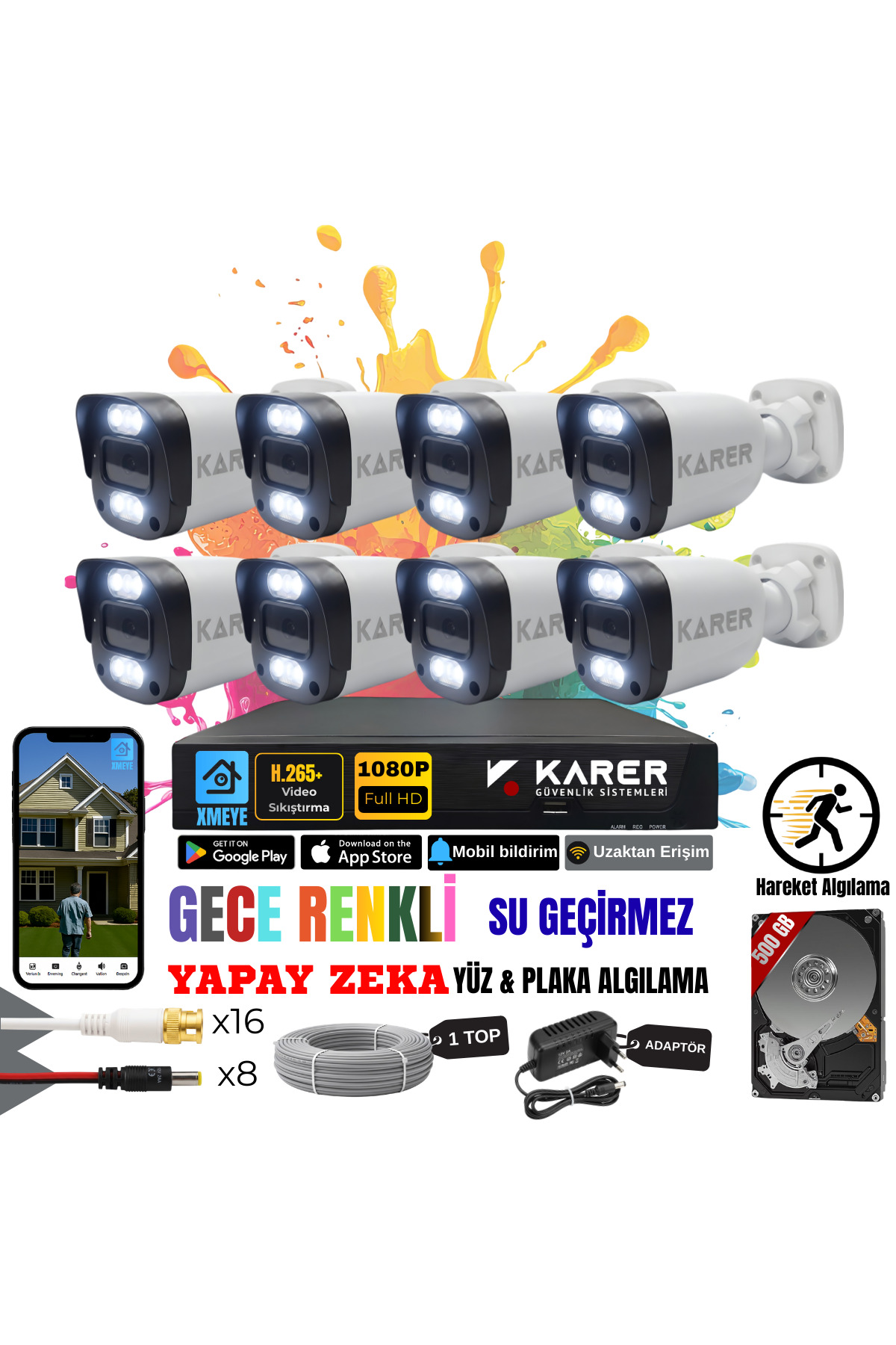 EXİTCAM 8 Kameralı Full HD AHD Güvenlik Seti – 8 Kanal DVR, 500 GB HDD, Renkli Gece Görüşü, Yüz ve A