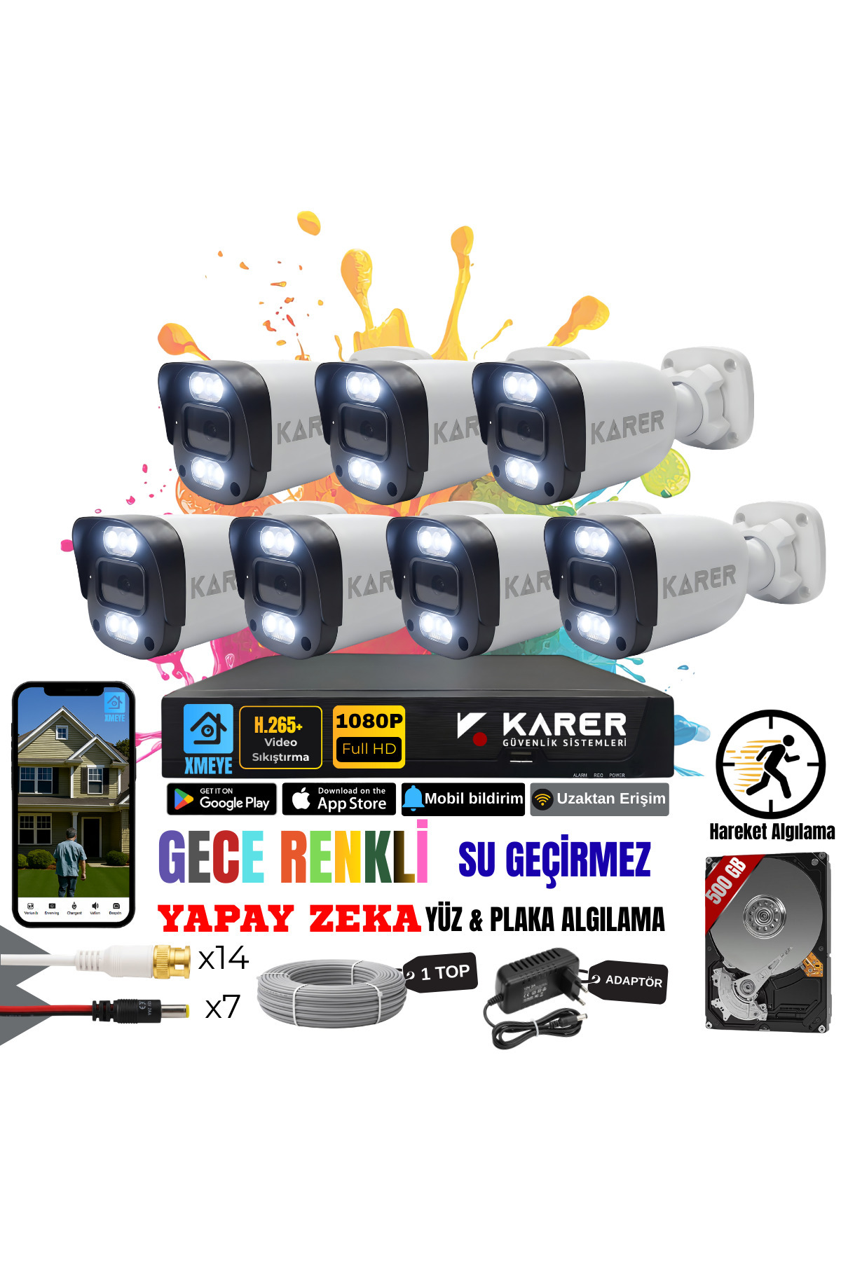 EXİTCAM 7 Kameralı Full HD AHD Güvenlik Seti – 8 Kanal DVR, 500 GB HDD, Renkli Gece Görüşü, Yüz ve A