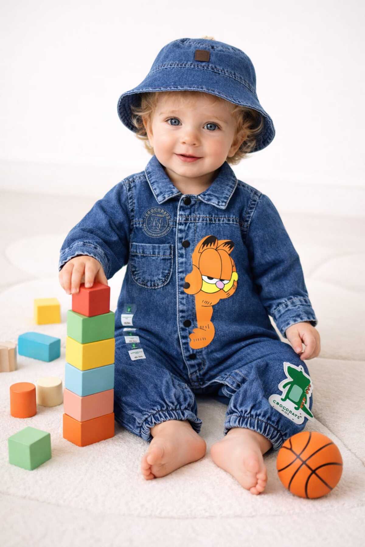 CROCODAYS Unisex Çocuk Bebek Kot (JEANS) Baskılı Şapkalı Tulum (3/6/9/12/18) Ay fotoğrafı 2 (önizleme)