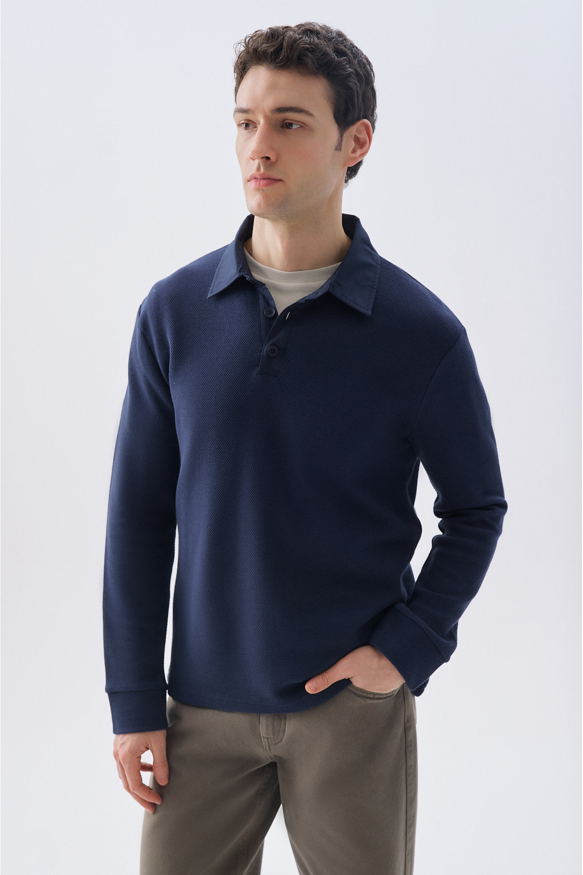 Mudo Erkek Lacivert Tekstürlü Polo Yaka Sweatshirt