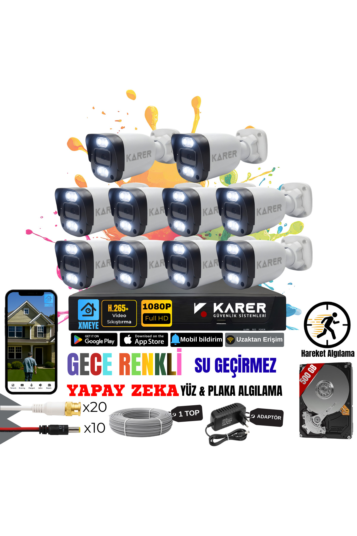 EXİTCAM 10 Kameralı Full HD AHD Güvenlik Seti – 16 Kanal DVR, 500 GB HDD, Renkli Gece Görüşü, Yüz ve