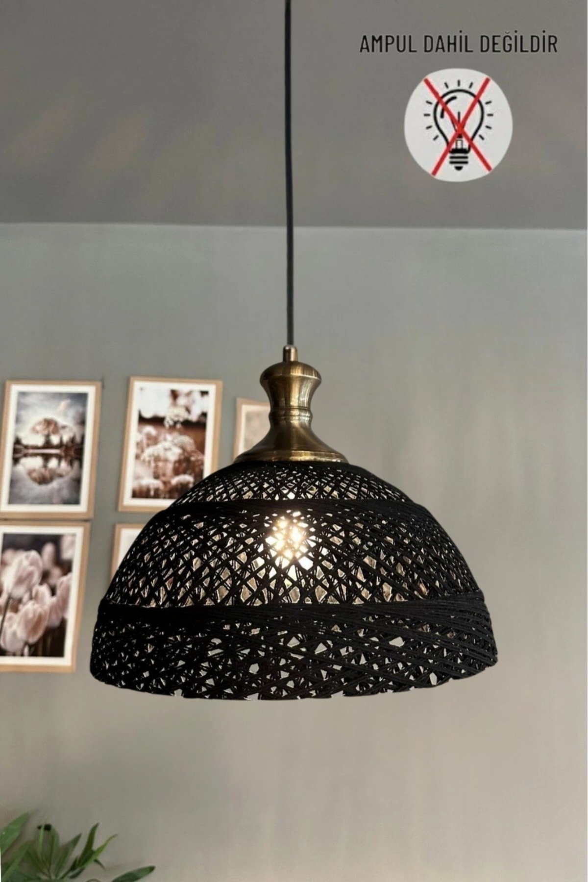 Bohemian Recycle Yarn Jute Handmade Black Yarn Antique Hammer Cap Single Chandelier