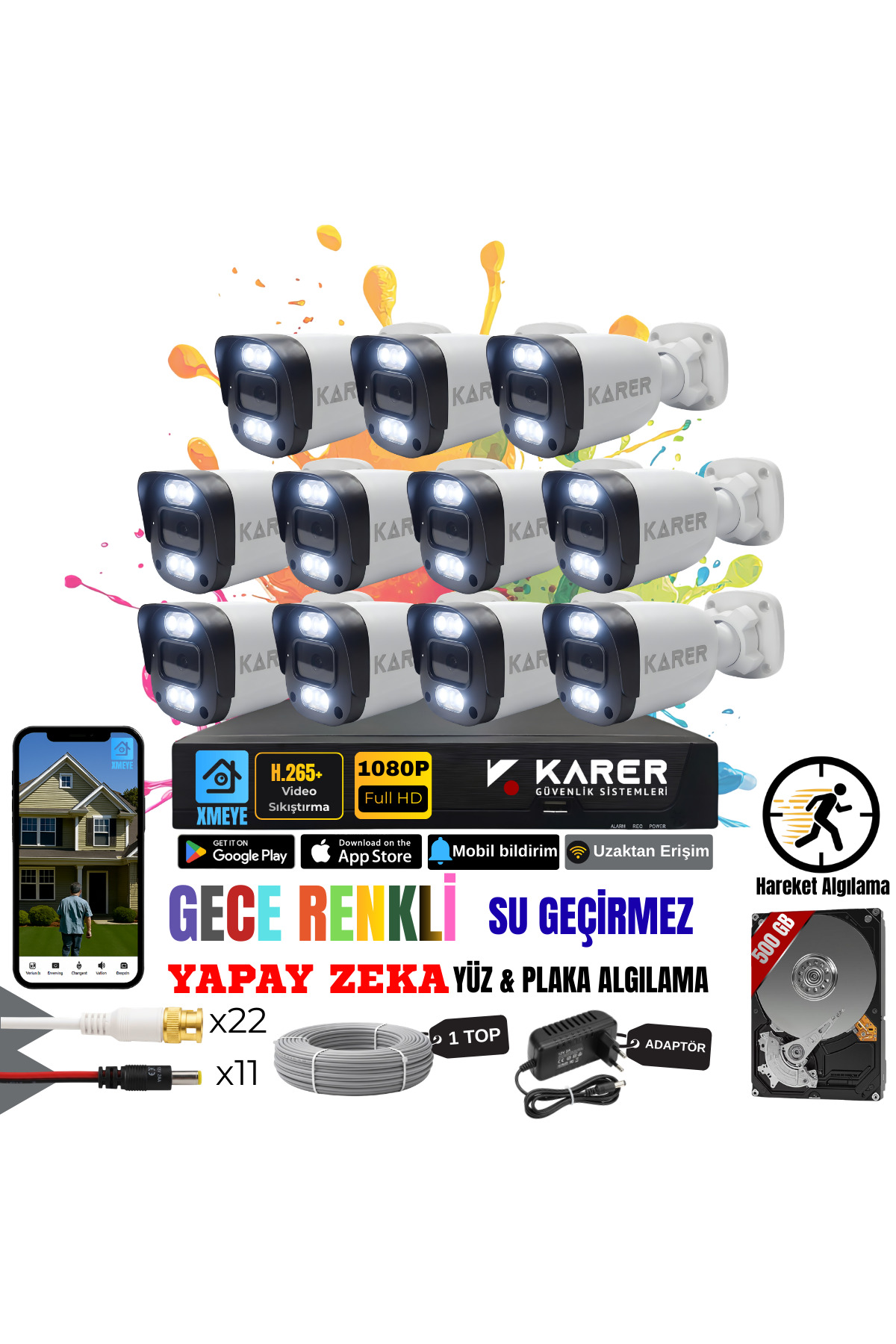 EXİTCAM 11 Kameralı Full HD AHD Güvenlik Seti – 16 Kanal DVR, 500 GB HDD, Renkli Gece Görüşü, Yüz ve