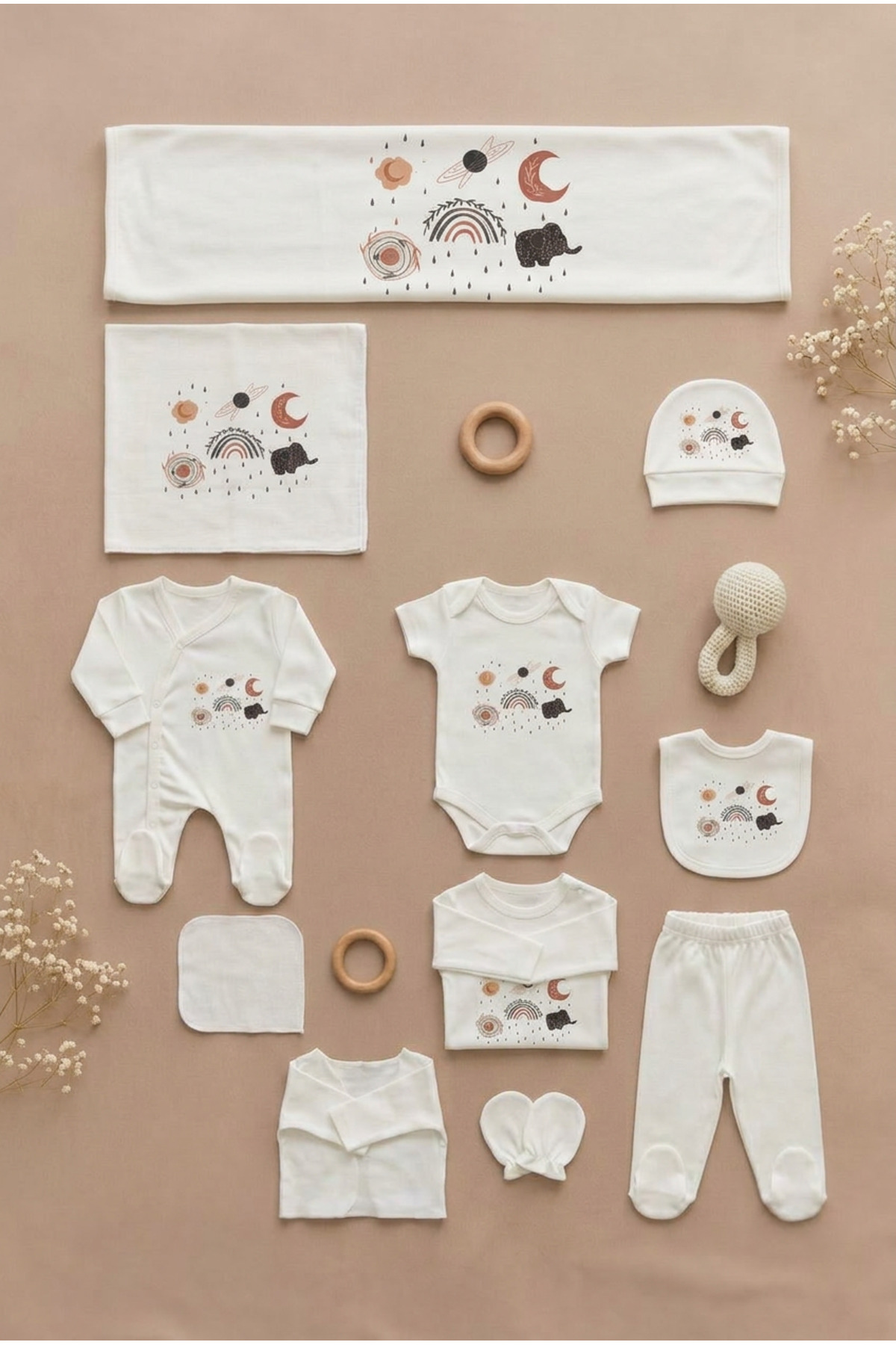 bebeqon 11 Parça Sevimli Bohem Baskılı Yenidoğan Hastane Çıkışı Seti %100 Pamuk fotoğrafı 6 (önizleme)