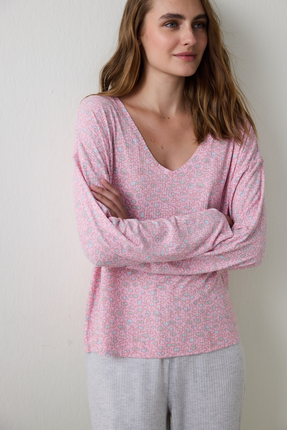 Penti Açık Pembe Not Today Çiçekli V Yaka Uzun Kollu Pijama Üstü