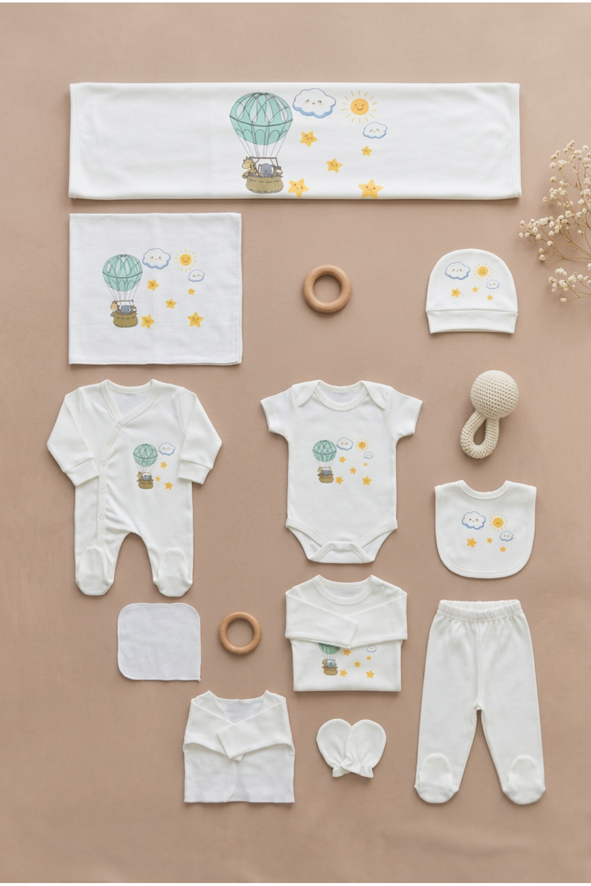 bebeqon 11 Parça Sevimli Balon ve Yıldız Baskılı Yenidoğan Hastane Çıkışı Seti %100 Pamuk Beyaz fotoğrafı 4 (önizleme)