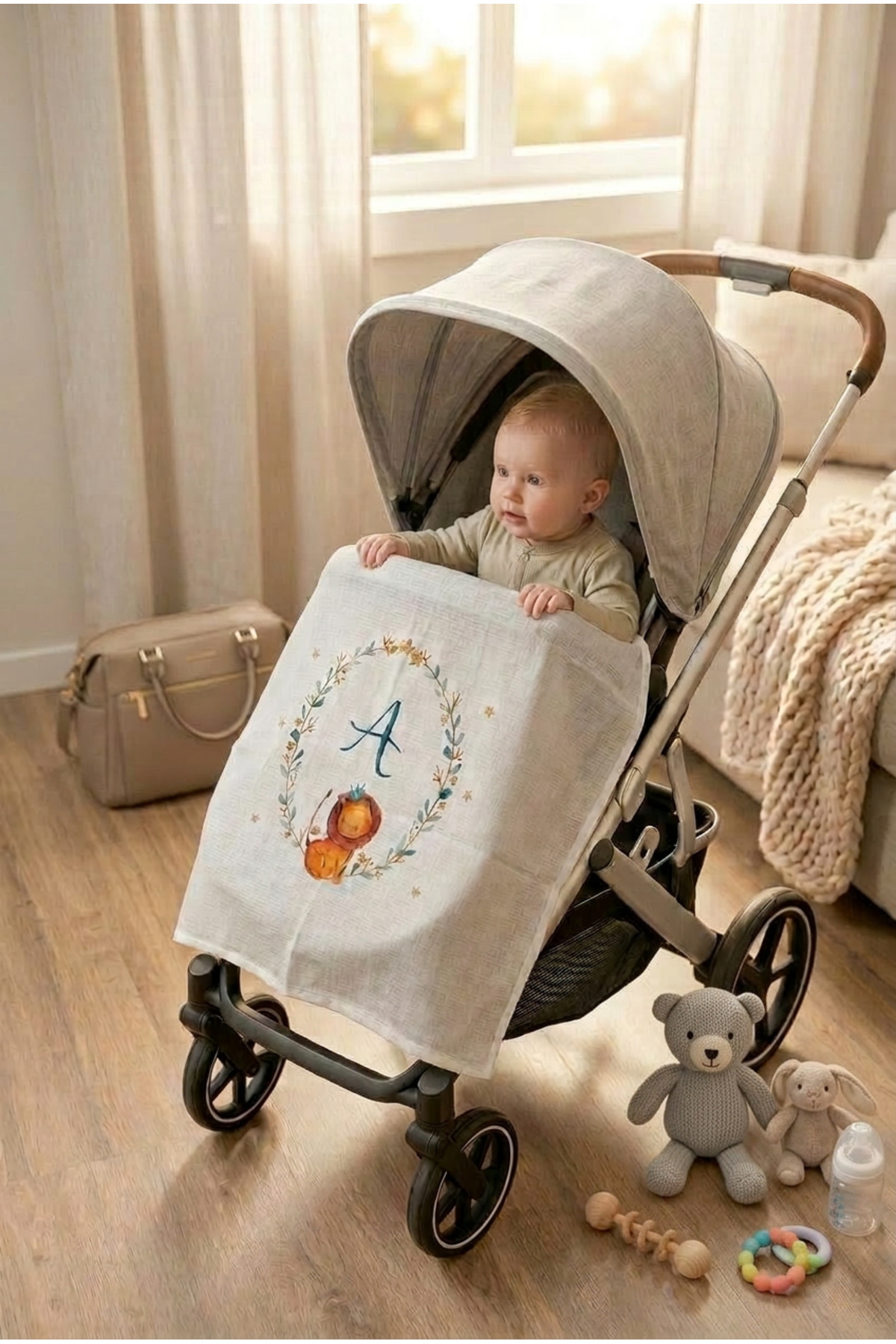 bebeqon Müslin Bebek Puset Örtüsü A Harfli Aslan Figürlü Beyaz 70x110 cm fotoğrafı 4 (önizleme)