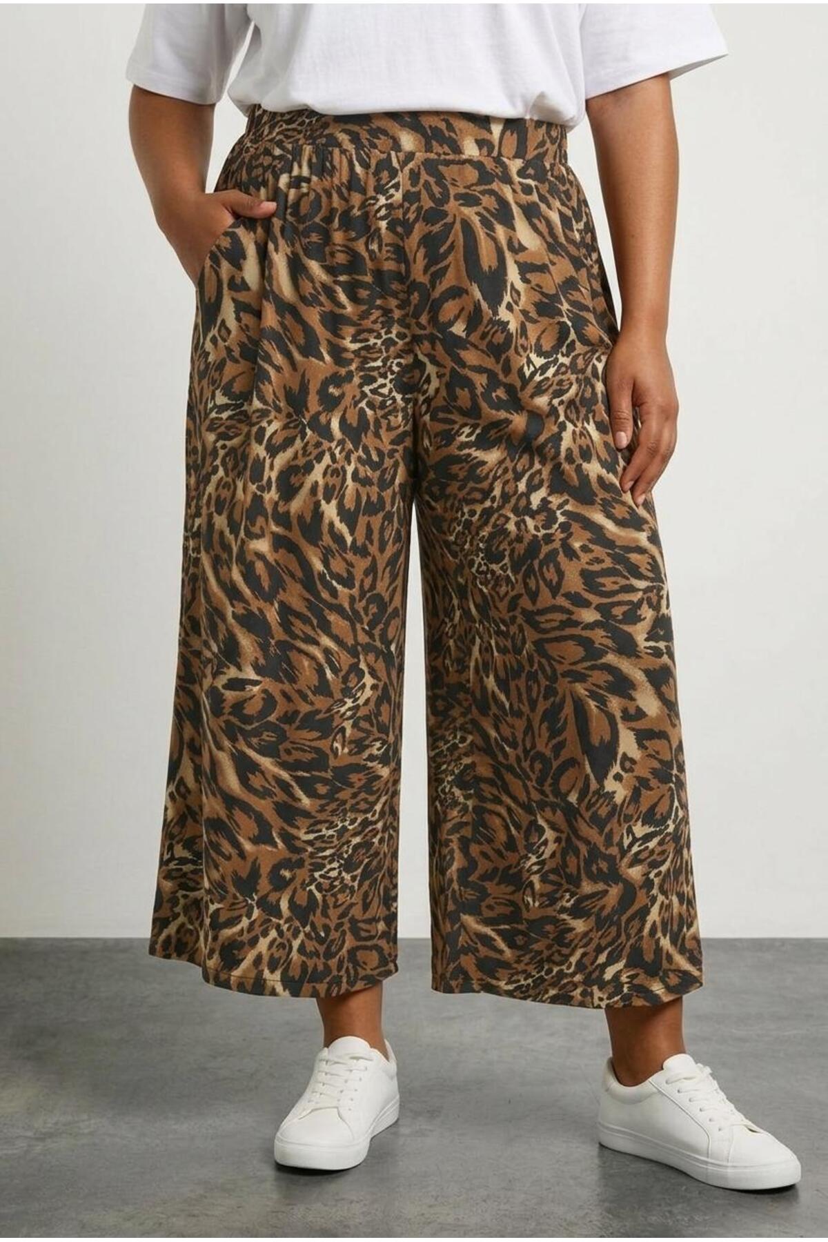 Stil Diva  Büyük Beden Beli Lastikli Bol Paça Leopar Desenli Cepli Pantolon 304271 - Görsel 2