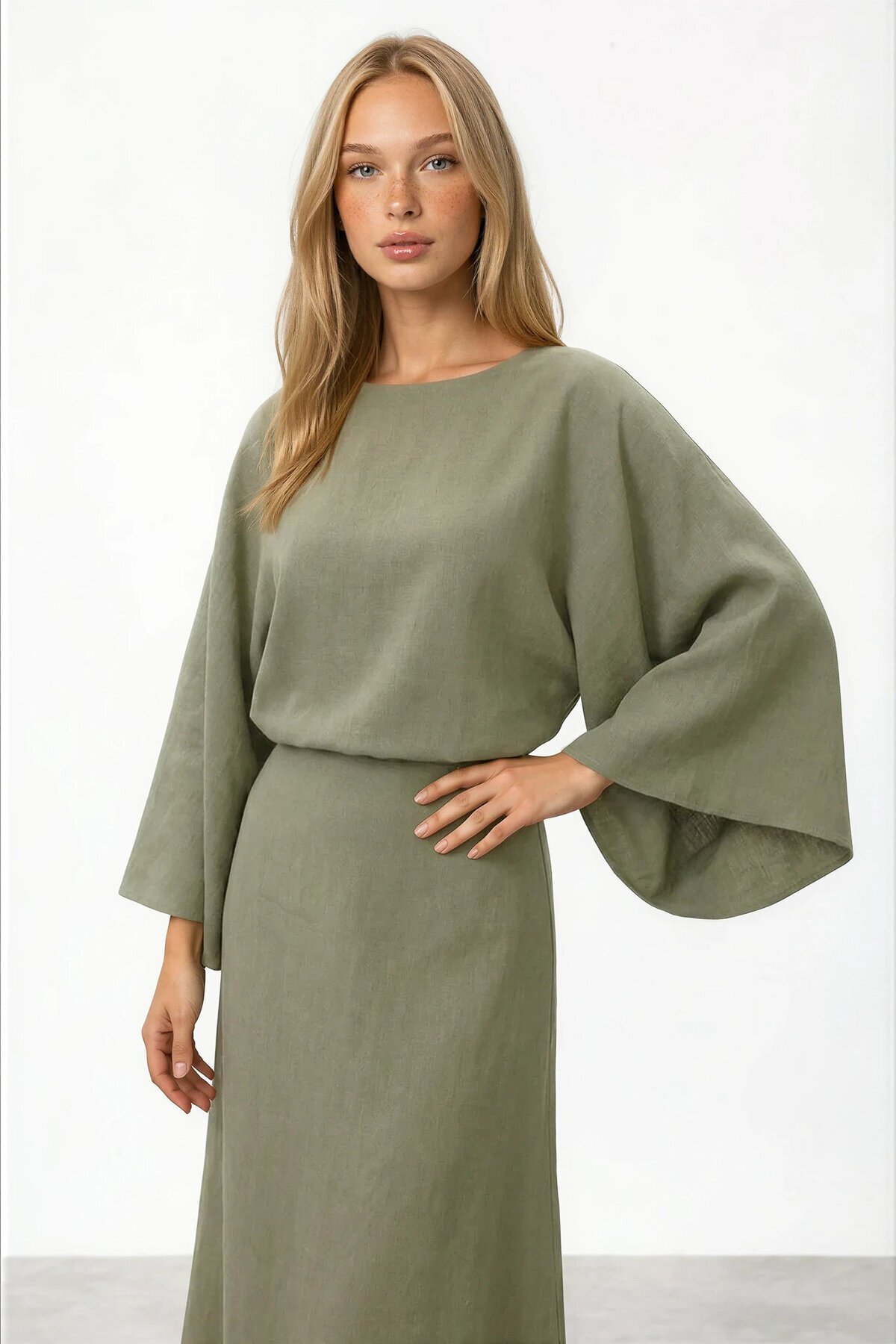 VAGGON  Salaş Kesim Yarasa Kol Uzun Elbise - Görsel 4