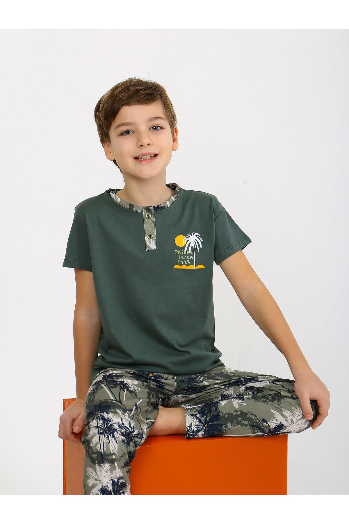 vitmo Erkek Çocuk Kısa Kollu Düğme Detaylı %100 Pamuklu Pijama Takımı The Palm fotoğrafı 6 (önizleme)