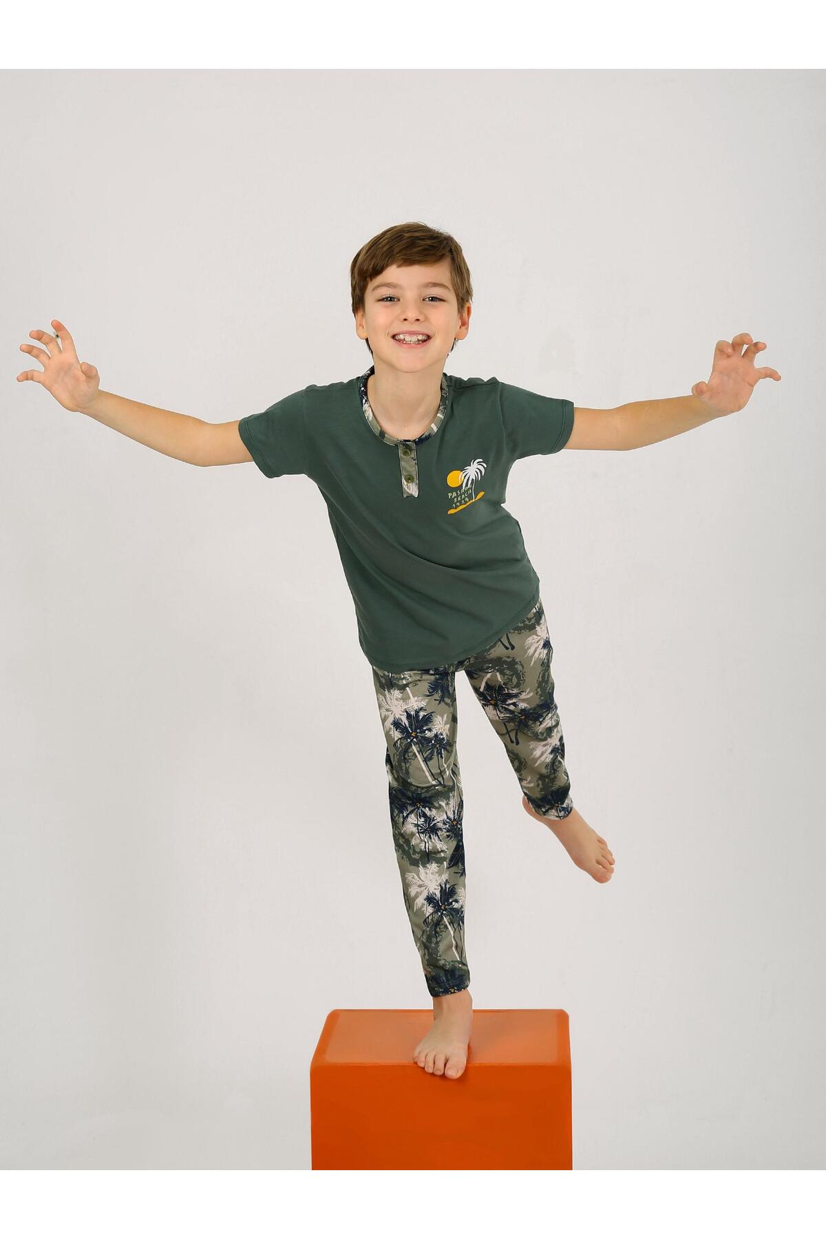 vitmo Erkek Çocuk Kısa Kollu Düğme Detaylı %100 Pamuklu Pijama Takımı The Palm fotoğrafı 2 (önizleme)