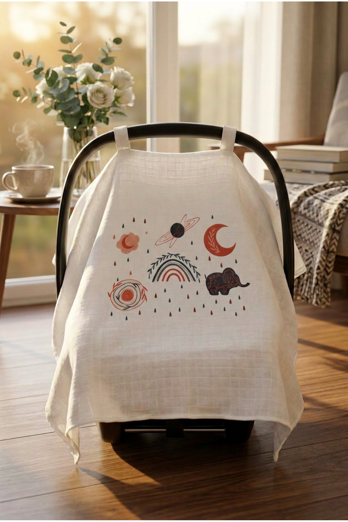 bebeqon %100 Müslin Bebek Puset Örtüsü Bohem Desenli Beyaz 70x110 cm fotoğrafı 2 (önizleme)