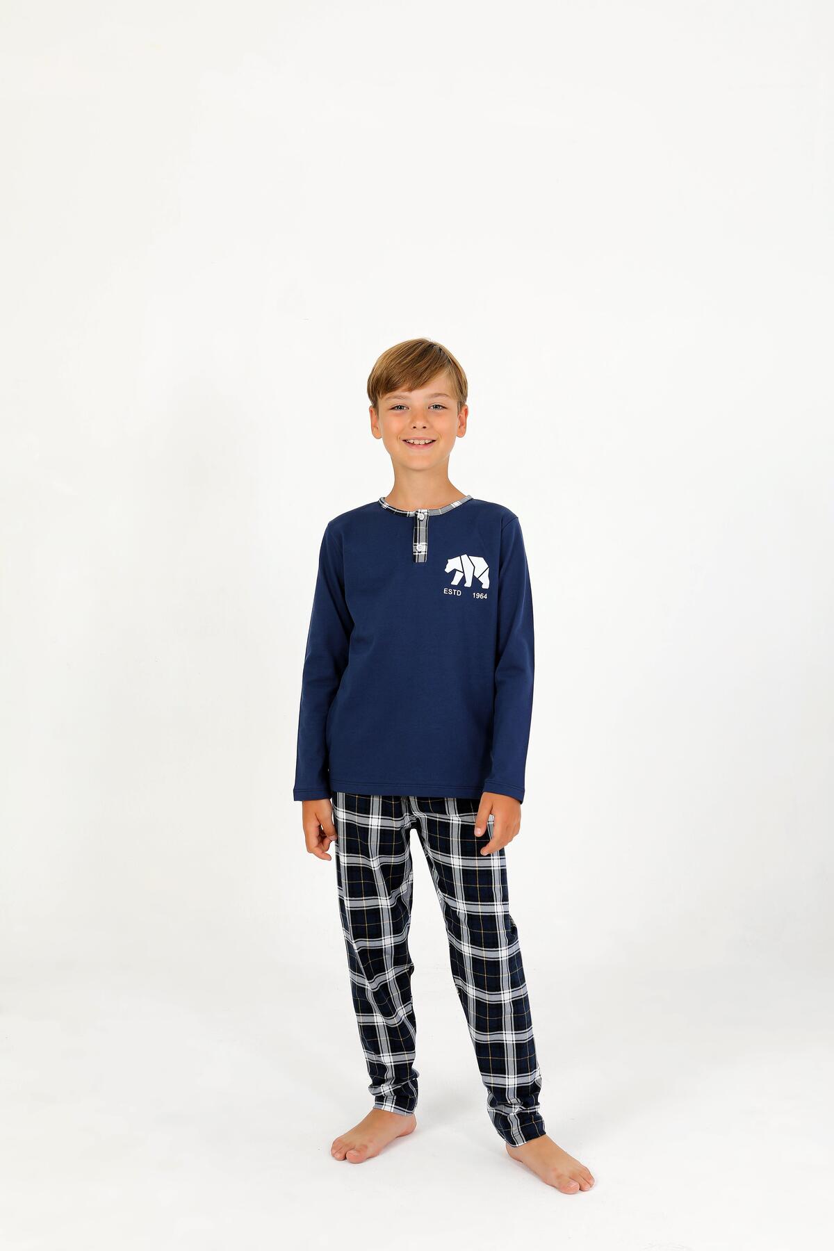 vitmo Erkek Çocuk Uzun Kollu %100 Pamuklu Düğme Detaylı Pijama Takımı Everest fotoğrafı 3 (önizleme)