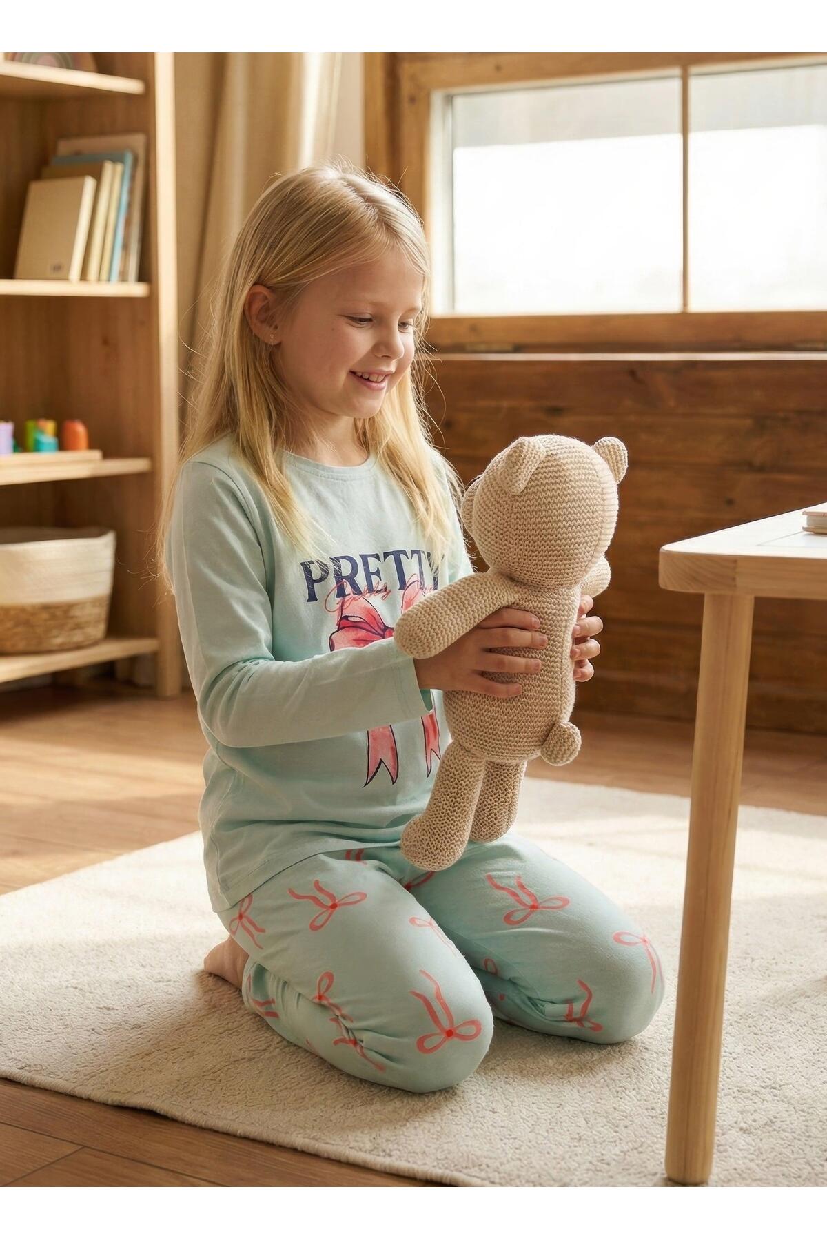 vitmo Kız Çocuk Uzun Kollu %100 Pamuk Pijama Takımı Pretty Bow fotoğrafı 2 (önizleme)